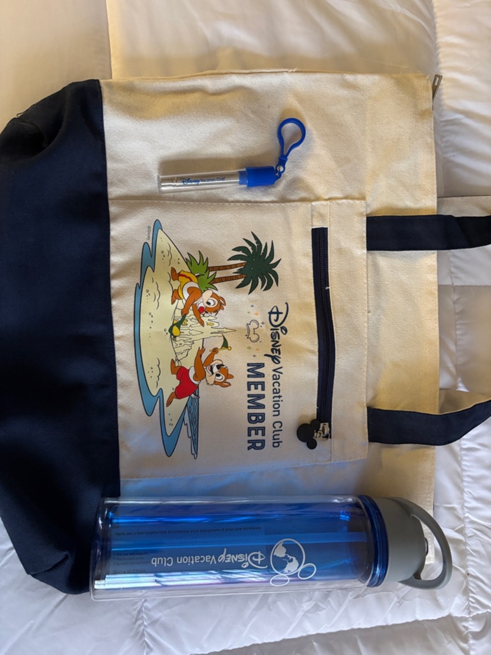Disney Vacation Club Member Canvas Tote, Water Bottle and straw in Cream & Navy